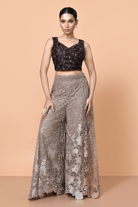 Buy_Sayisha_Brown Net Embroidery, Pearls Sweetheart Neck Embellished Palazzo And Crop Top Set _Online_at_Aza_Fashions