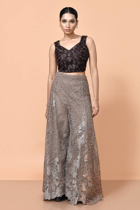 Shop_Sayisha_Brown Net Embroidery, Pearls Sweetheart Neck Embellished Palazzo And Crop Top Set _Online_at_Aza_Fashions