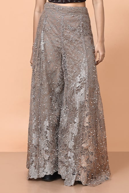 Sayisha Brown Net Embroidery, Pearls Sweetheart Neck Embellished Palazzo And Crop Top Set at Aza Fashions Sayisha_Brown Net Embroidery, Pearls Sweetheart Neck Embellished Palazzo And Crop Top Set _at_Aza_Fashions