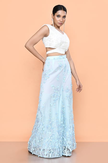 Sayisha_Sky Blue Net Applique, Embroidery, Pearls V-neck Floral Palazzo And Top Set _Online_at_Aza_Fashions