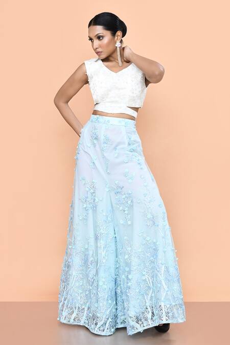 Shop_Sayisha_Sky Blue Net Applique, Embroidery, Pearls V-neck Floral Palazzo And Top Set _Online_at_Aza_Fashions