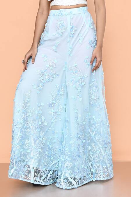 Sayisha_Sky Blue Net Applique, Embroidery, Pearls V-neck Floral Palazzo And Top Set _at_Aza_Fashions