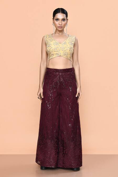 Sayisha_Maroon Net, Crepe Sequins, Embroidery, Beads V-neck Work Palazzo And Top Set _Online_at_Aza_Fashions