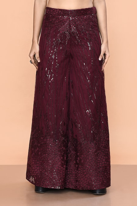 Shop_Sayisha_Maroon Net, Crepe Sequins, Embroidery, Beads V-neck Work Palazzo And Top Set _Online_at_Aza_Fashions