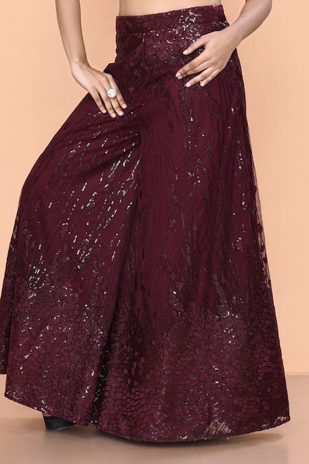 Sayisha_Maroon Net, Crepe Sequins, Embroidery, Beads V-neck Work Palazzo And Top Set _at_Aza_Fashions