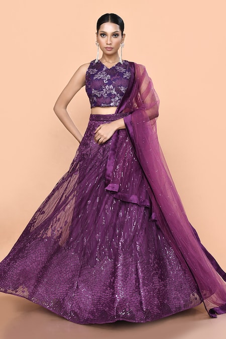 Shop_Sayisha_Purple Net Sequins Embellished Lehenga Set _Online_at_Aza_Fashions