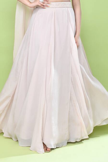 Shop_Sayisha_Peach Chinon, Chiffon Lace, Embroidery Sweetheart Neck Solid Lehenga Set _Online_at_Aza_Fashions