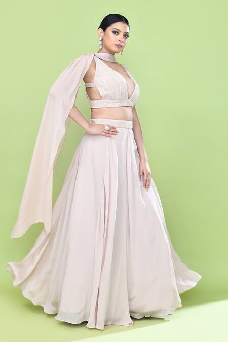 Sayisha_Peach Chinon, Chiffon Lace, Embroidery Sweetheart Neck Solid Lehenga Set _at_Aza_Fashions