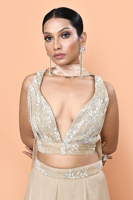 Sayisha_Beige Chinon, Chiffon, Lace Embroidery, Zari Sweetheart Work Blouse Lehenga Set _Online_at_Aza_Fashions