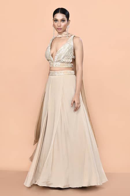 Buy_Sayisha_Beige Chinon, Chiffon, Lace Embroidery, Zari Sweetheart Work Blouse Lehenga Set _Online_at_Aza_Fashions