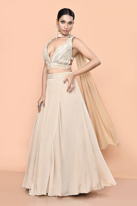 Shop_Sayisha_Beige Chinon, Chiffon, Lace Embroidery, Zari Sweetheart Work Blouse Lehenga Set _Online_at_Aza_Fashions