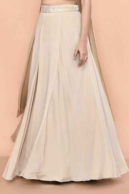 Sayisha_Beige Chinon, Chiffon, Lace Embroidery, Zari Sweetheart Work Blouse Lehenga Set _at_Aza_Fashions