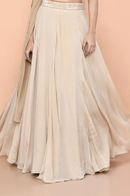 Buy_Sayisha_Beige Chinon, Chiffon, Lace Embroidery, Zari Sweetheart Work Blouse Lehenga Set 