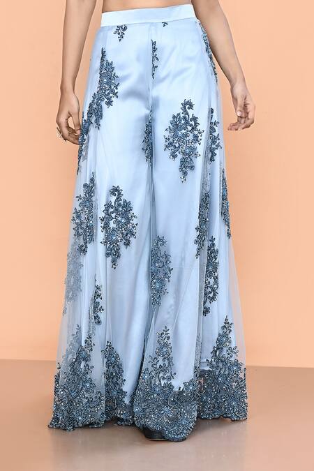 Shop Sayisha Sky Blue Net, Embroidery, Plunge Neck, Floral Work Palazzo And Top Set Online at Aza Fashions Shop_Sayisha_Sky Blue Net, Embroidery, Plunge Neck, Floral Work Palazzo And Top Set _Online_at_Aza_Fashions
