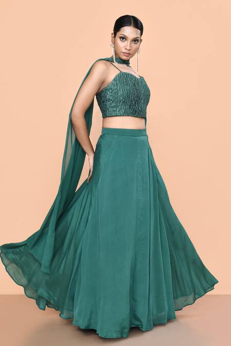 Sayisha_Green Chinon Sweetheart Neck Plain Lehenga Set _Online_at_Aza_Fashions