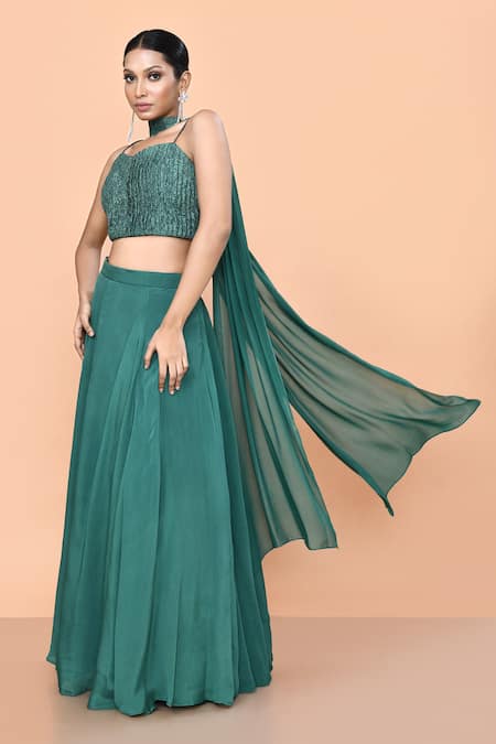 Buy_Sayisha_Green Chinon Sweetheart Neck Plain Lehenga Set _Online_at_Aza_Fashions