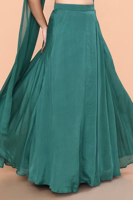 Shop_Sayisha_Green Chinon Sweetheart Neck Plain Lehenga Set _Online_at_Aza_Fashions