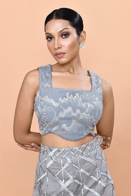 Sayisha_Gray Net Embroidery, Sequins, Feathers Square Geometric Embellished Palazzo Set _at_Aza_Fashions