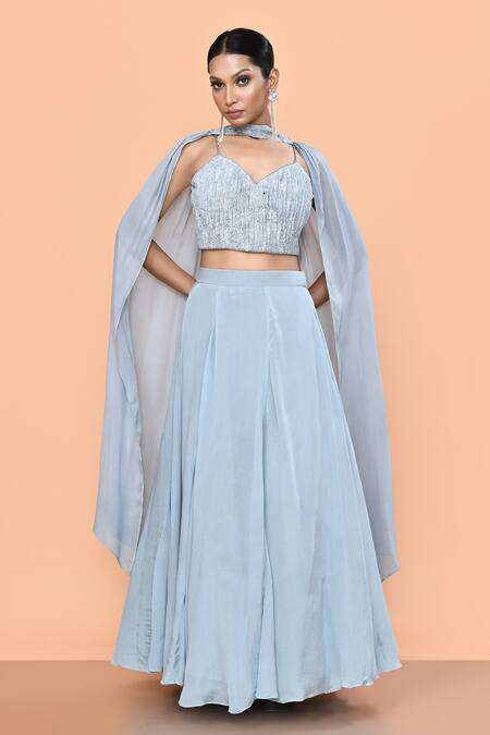 Shop_Sayisha_Sky Blue Chinon, Lace, Chiffon Lace, Sequins Solid Lehenga And V Blouse Set _Online_at_Aza_Fashions