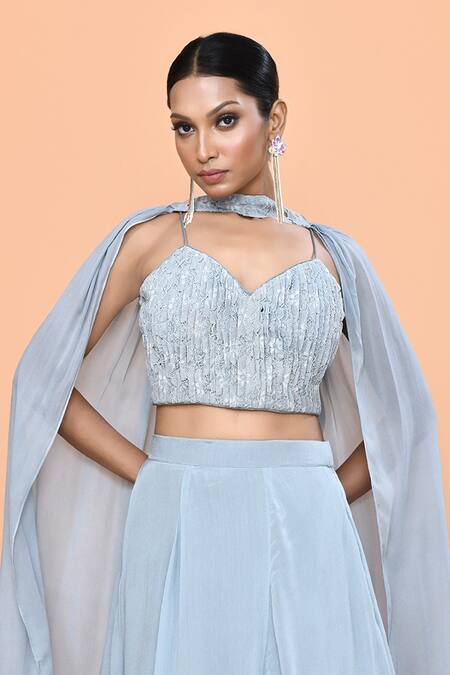 Sayisha_Sky Blue Chinon, Lace, Chiffon Lace, Sequins Solid Lehenga And V Blouse Set _at_Aza_Fashions