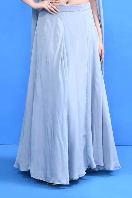 Shop_Sayisha_Blue Chinon, Lace, Chiffon Lace, Embroidery V-neck Work Blouse Lehenga Set _Online_at_Aza_Fashions