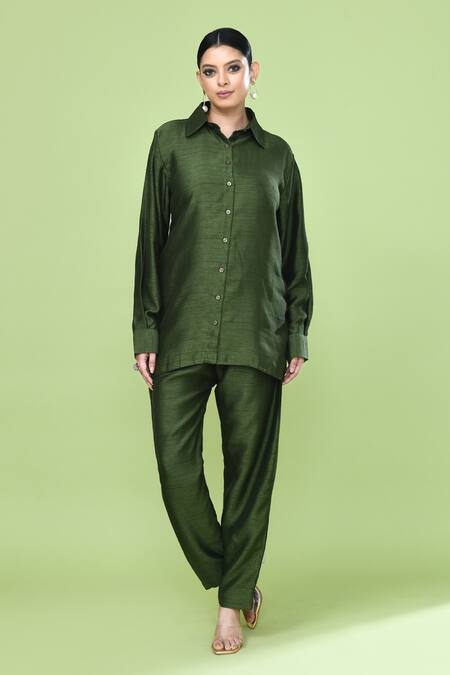 Sayisha_Green Silk Collared Solid Shirt And Pant Set _Online_at_Aza_Fashions