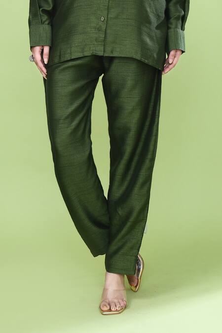 Buy_Sayisha_Green Silk Collared Solid Shirt And Pant Set _Online_at_Aza_Fashions