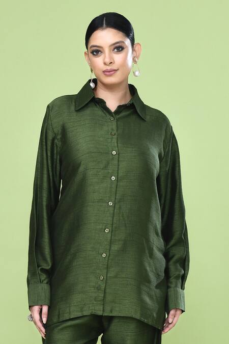 Sayisha_Green Silk Collared Solid Shirt And Pant Set _at_Aza_Fashions
