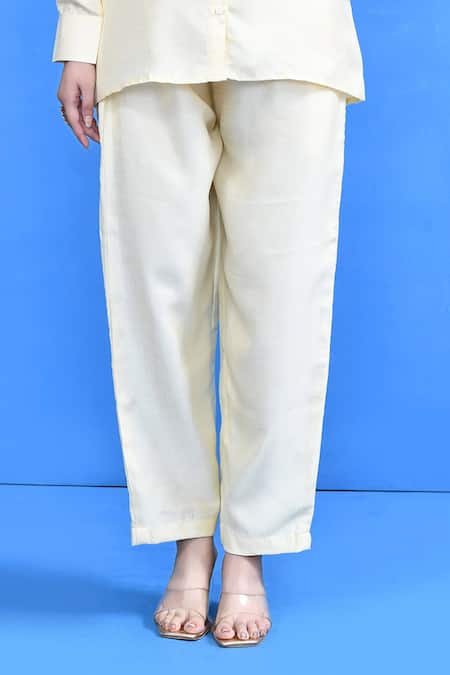 Sayisha_Cream Silk Collared Solid Shirt And Pant Set _Online_at_Aza_Fashions