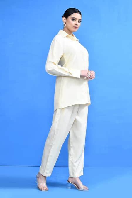 Buy_Sayisha_Cream Silk Collared Solid Shirt And Pant Set _Online_at_Aza_Fashions