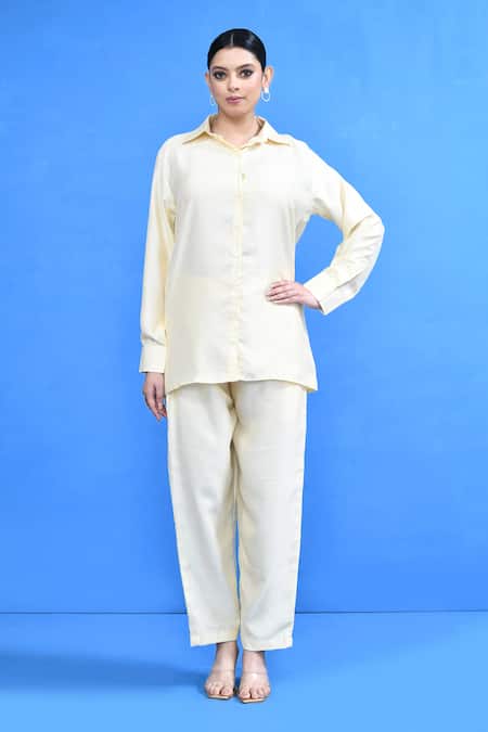 Shop_Sayisha_Cream Silk Collared Solid Shirt And Pant Set _Online_at_Aza_Fashions
