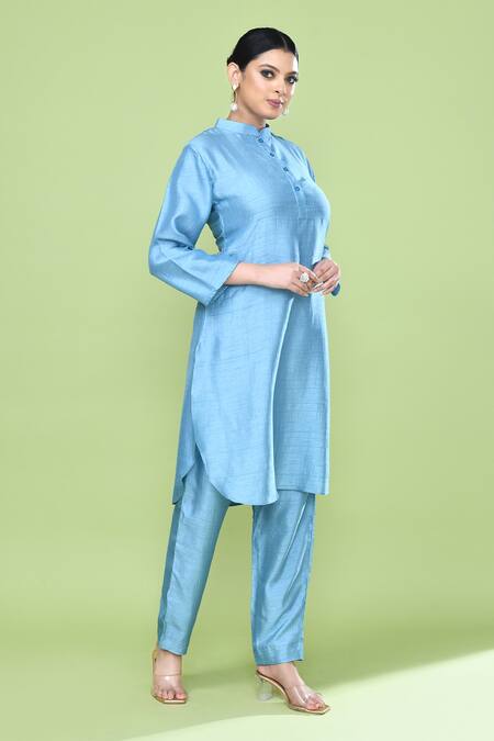 Shop_Sayisha_Sky Blue Silk Mandarin Collar Solid Kurta And Pant Set _Online_at_Aza_Fashions