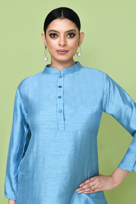 Sayisha_Sky Blue Silk Mandarin Collar Solid Kurta And Pant Set _at_Aza_Fashions