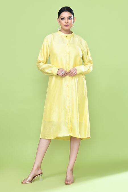 Buy_Sayisha_Yellow Silk Mandarin Collar Solid Jacket And Inner Dress Set _Online_at_Aza_Fashions