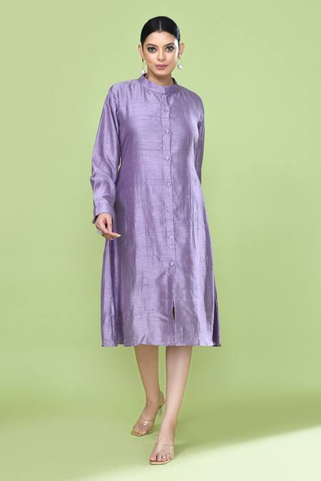Sayisha_Lavender Silk Mandarin Collar, Square Neck Solid Jacket And Inner Dress Set _Online_at_Aza_Fashions