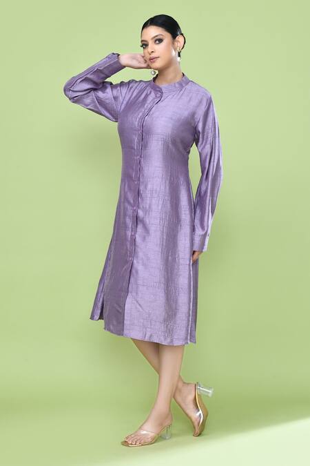 Shop_Sayisha_Lavender Silk Mandarin Collar, Square Neck Solid Jacket And Inner Dress Set _Online_at_Aza_Fashions