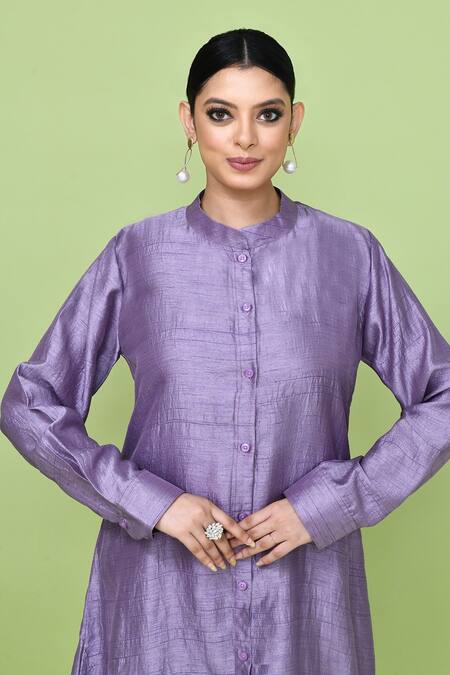 Sayisha_Lavender Silk Mandarin Collar, Square Neck Solid Jacket And Inner Dress Set _at_Aza_Fashions