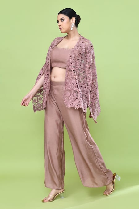Buy_Sayisha_Pink Silk Square , Open Cutwork Cape And Pant Set _Online_at_Aza_Fashions