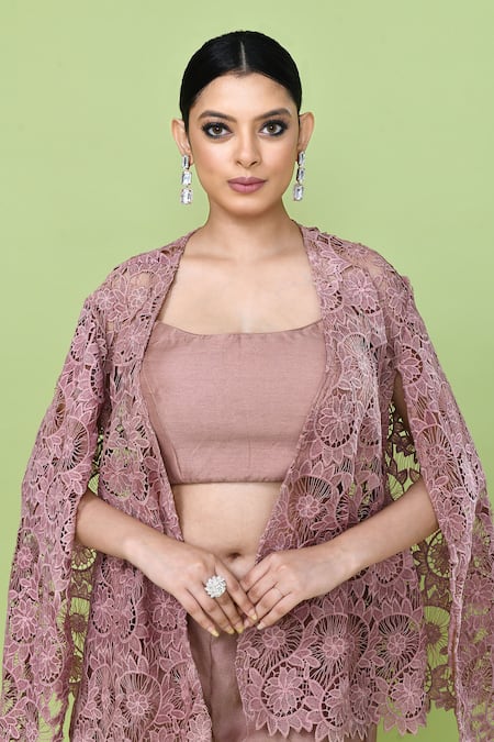 Buy_Sayisha_Pink Silk Square , Open Cutwork Cape And Pant Set 