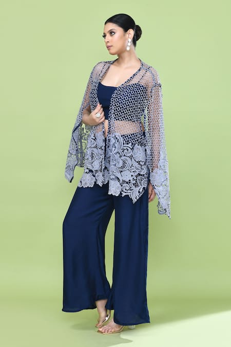Shop_Sayisha_Navy Silk Sweetheart , Open Cutwork Cape And Pant Set _Online_at_Aza_Fashions