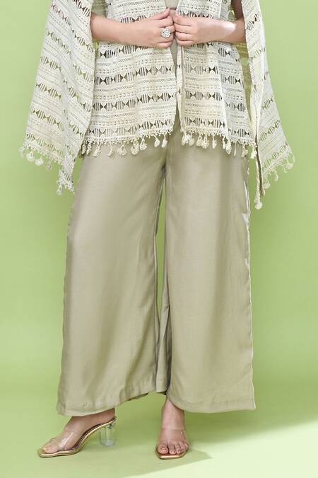 Sayisha_Green Silk Embroidery, Tassels Sweetheart Neck, Open Bordered Cape And Pant Set _Online_at_Aza_Fashions