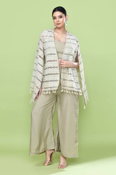 Shop_Sayisha_Green Silk Embroidery, Tassels Sweetheart Neck, Open Bordered Cape And Pant Set _Online_at_Aza_Fashions