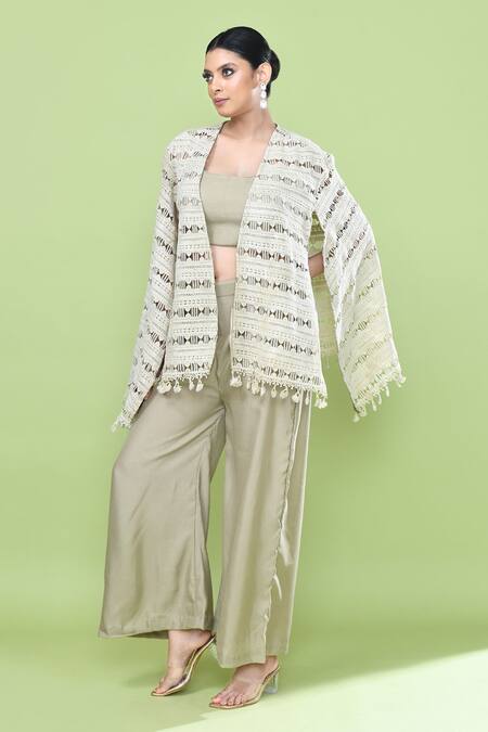 Sayisha_Green Silk Embroidery, Tassels Sweetheart Neck, Open Bordered Cape And Pant Set _at_Aza_Fashions