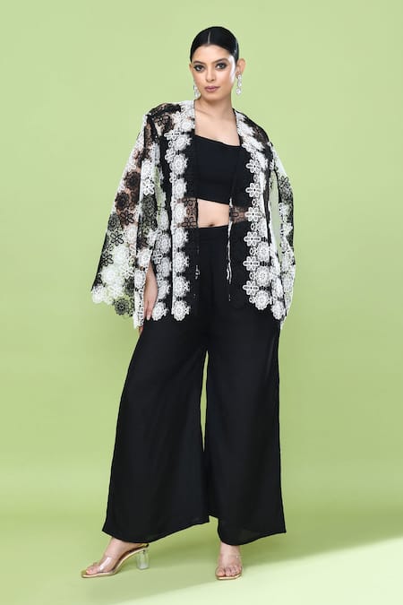 Buy_Sayisha_Black Silk Open , Square Cutwork Cape And Pant Set _Online_at_Aza_Fashions