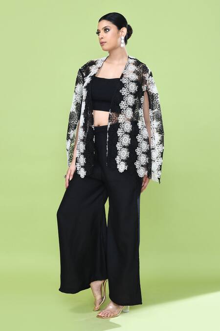 Sayisha_Black Silk Open , Square Cutwork Cape And Pant Set _at_Aza_Fashions
