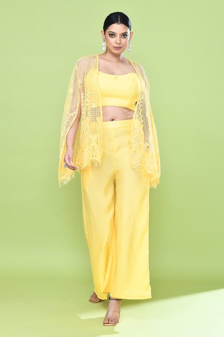 Buy_Sayisha_Yellow Silk Open , Sweetheart Sheer Cape And Pant Set _Online_at_Aza_Fashions