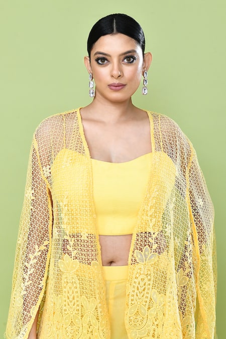 Buy_Sayisha_Yellow Silk Open , Sweetheart Sheer Cape And Pant Set 