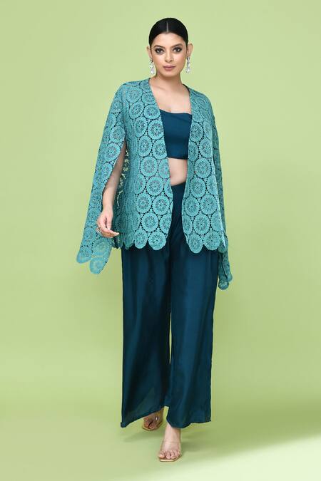 Sayisha_Aqua Lace, Silk Cut Work Open , Scoop Circular Pattern Cape And Pant Set _Online_at_Aza_Fashions