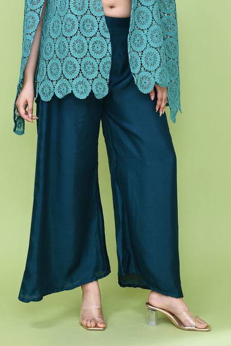 Sayisha_Aqua Lace, Silk Cut Work Open , Scoop Circular Pattern Cape And Pant Set _at_Aza_Fashions