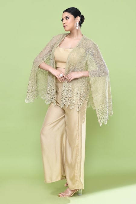 Buy_Sayisha_Beige Silk Open , Sweetheart Cutwork Cape And Pant Set _Online_at_Aza_Fashions